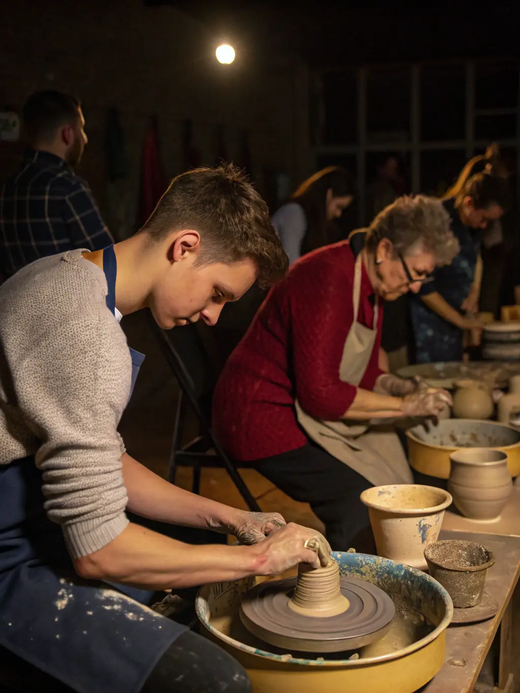A photograph capturing a group of children and adults participating in a pottery workshop, showcasing the hands-on learning experience and intergenerational interaction.