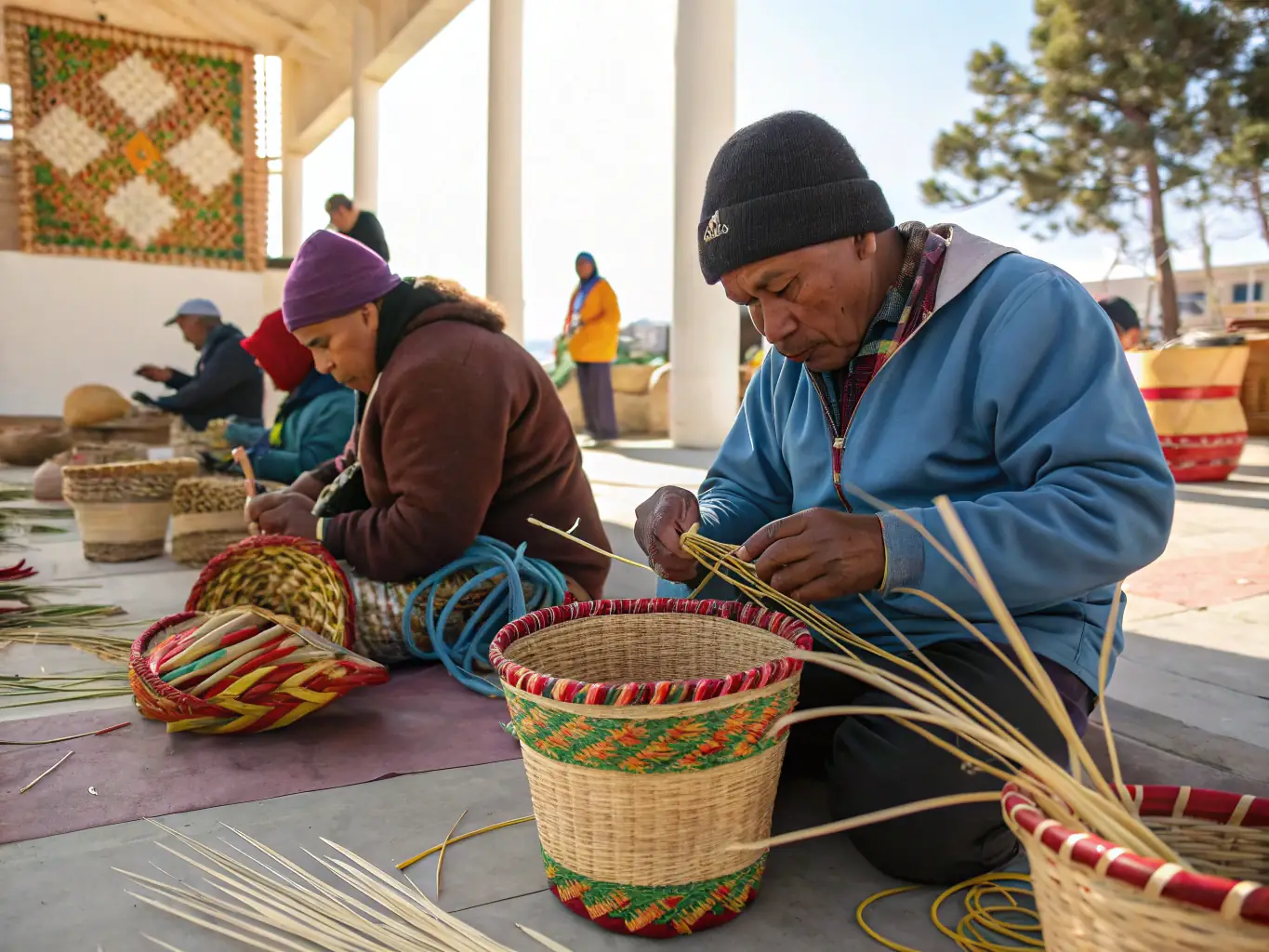 A vibrant image depicting participants engaged in a traditional craft workshop, showcasing the hands-on learning experience and community interaction.