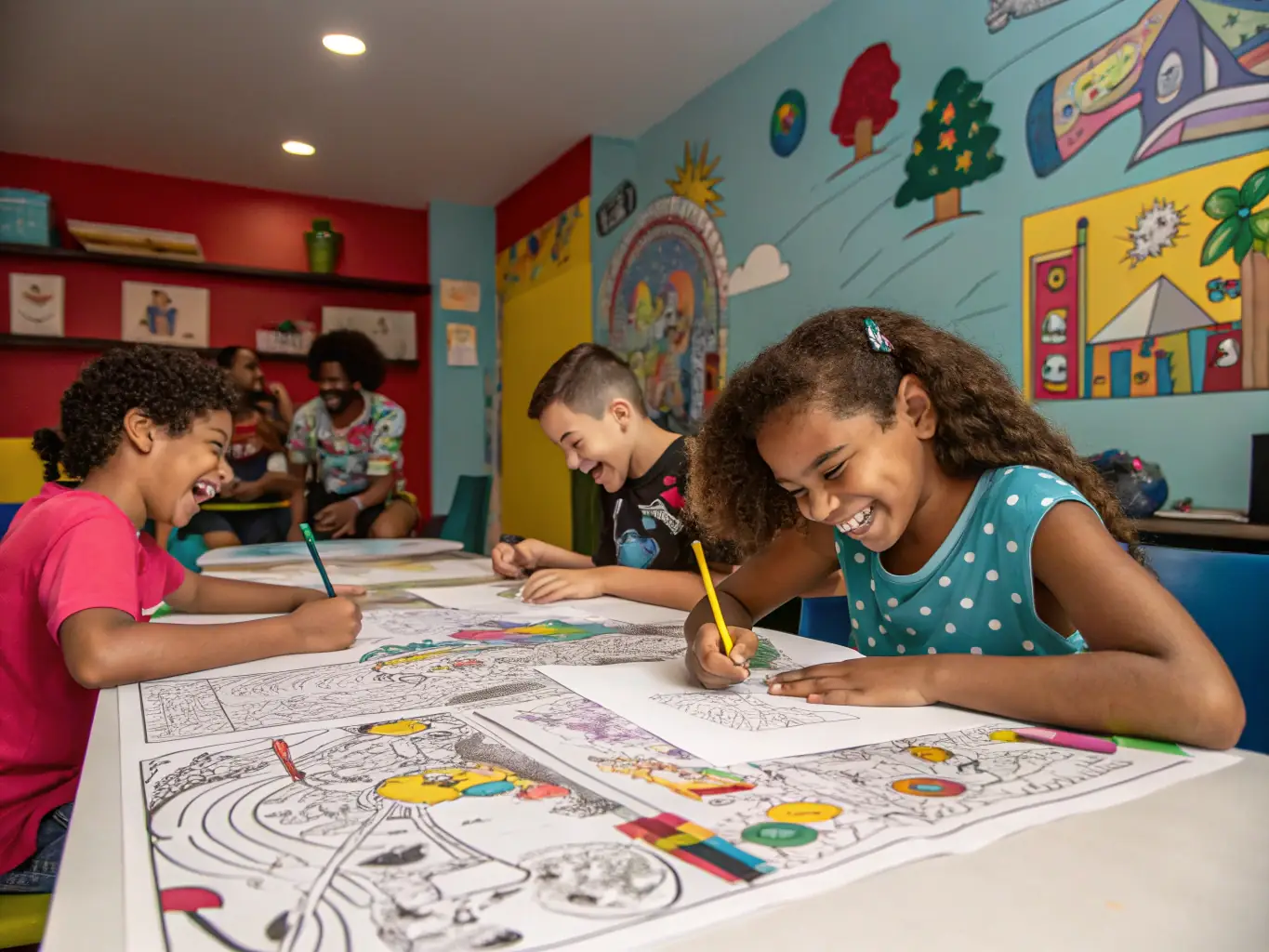 A dynamic image showing children participating in an art class, emphasizing the educational and creative aspects of the program.